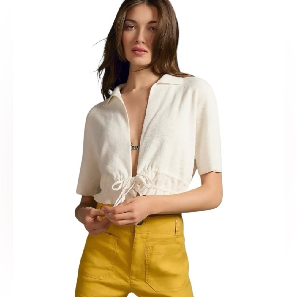 By Anthropologie Short-Sleeve Ivory Knit Cropped Sweater Topper Size Large